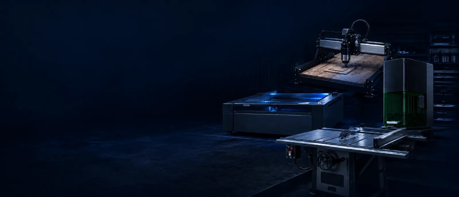 Workshop with table saw, CO2 laser, fiber laser and CNC routing machine.